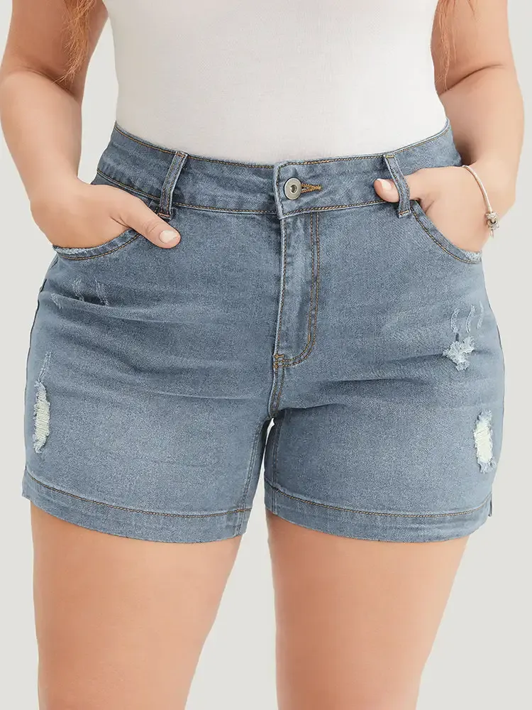 Moderately Stretchy High Rise Dark Wash Distressed Denim Shorts