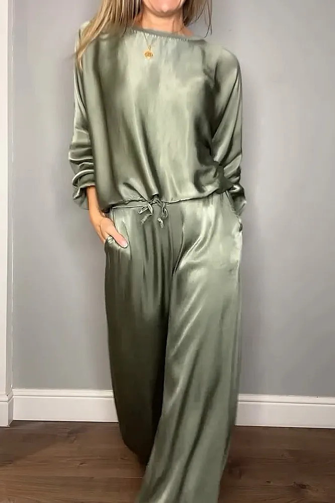 Women's Solid Color satin loose long sleeved top&Pants Two Piece Set