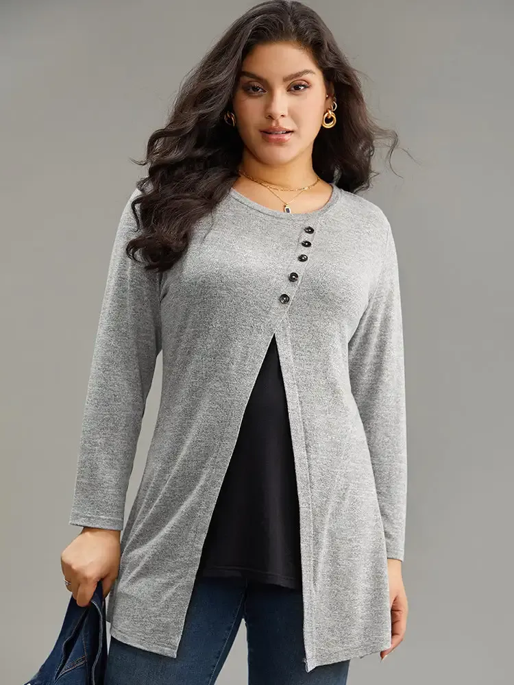 Contrast Patchwork Crew Neck Button Detail T-Shirt