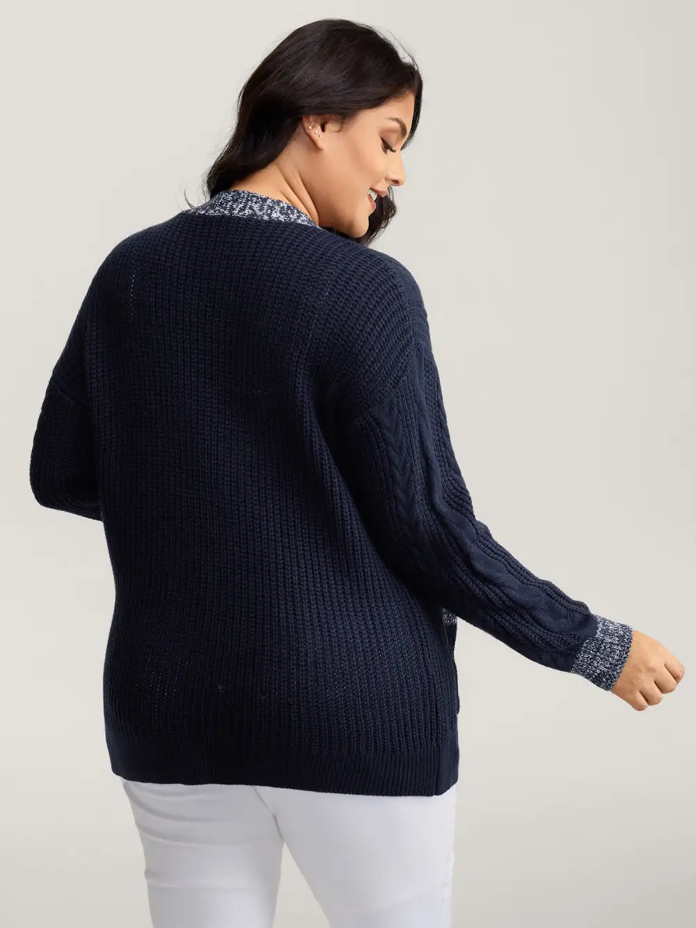 Mixed-Yarn Color Contrast Pockets Knit Cardigan