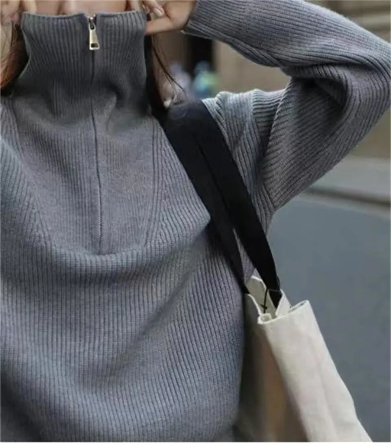 Two Wear Half Zip Large Lapel Soft Waxy Sweater