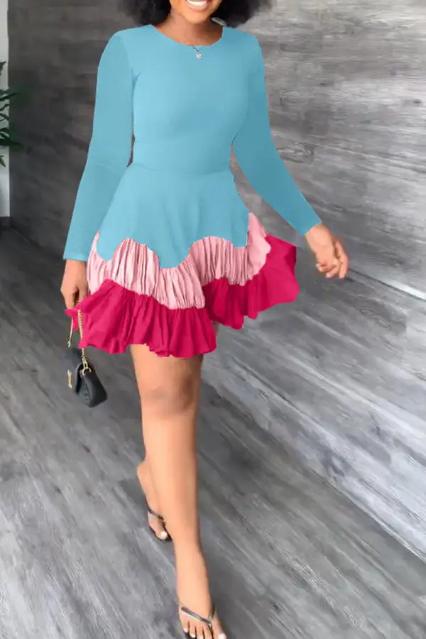 Color Block Classic Tiered Ruffle Mini Dress