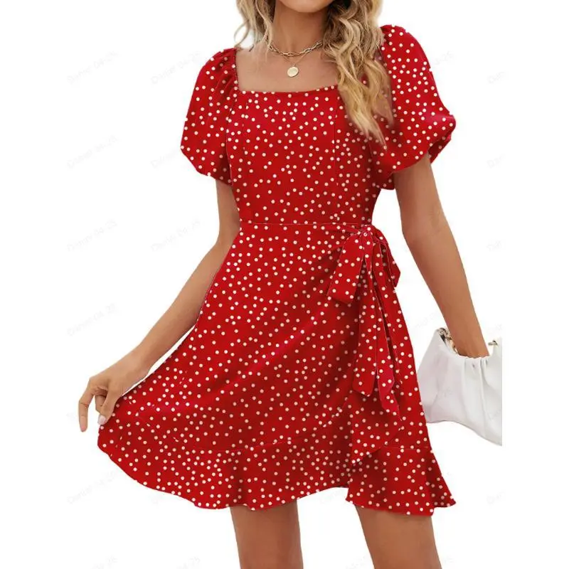 Womens Summer Dresses Square Neck Puff Sleeve Tie Waist Short Dress