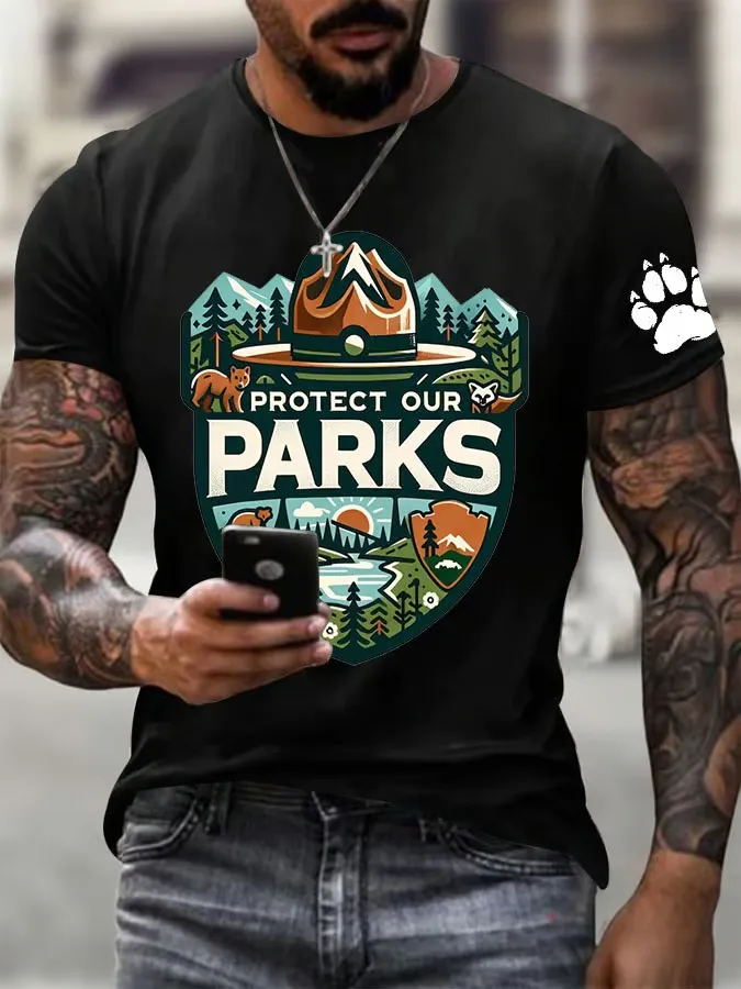 Men'S Protect Our National Parks Printed Round Neck T-Shirt