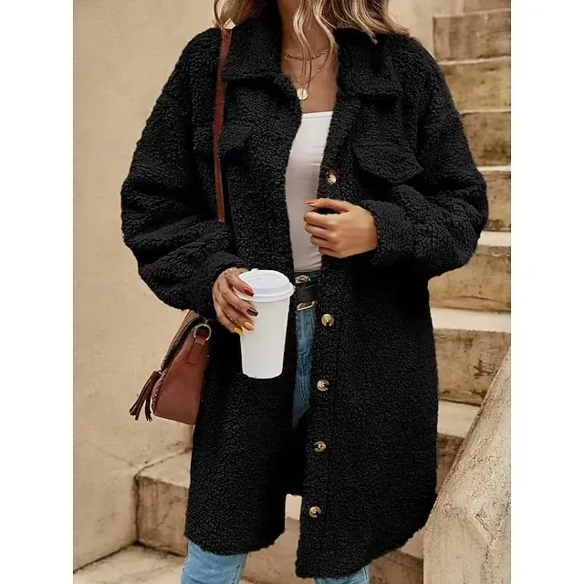 Women's Sherpa Jacket Comfortable Breathable Pocket Buttons Casual Plain Vacation Street Casual Daily Wear Single Breasted Long Turndown Loose Fit Long Sleeve Outerwear Black White Red Spring Fall