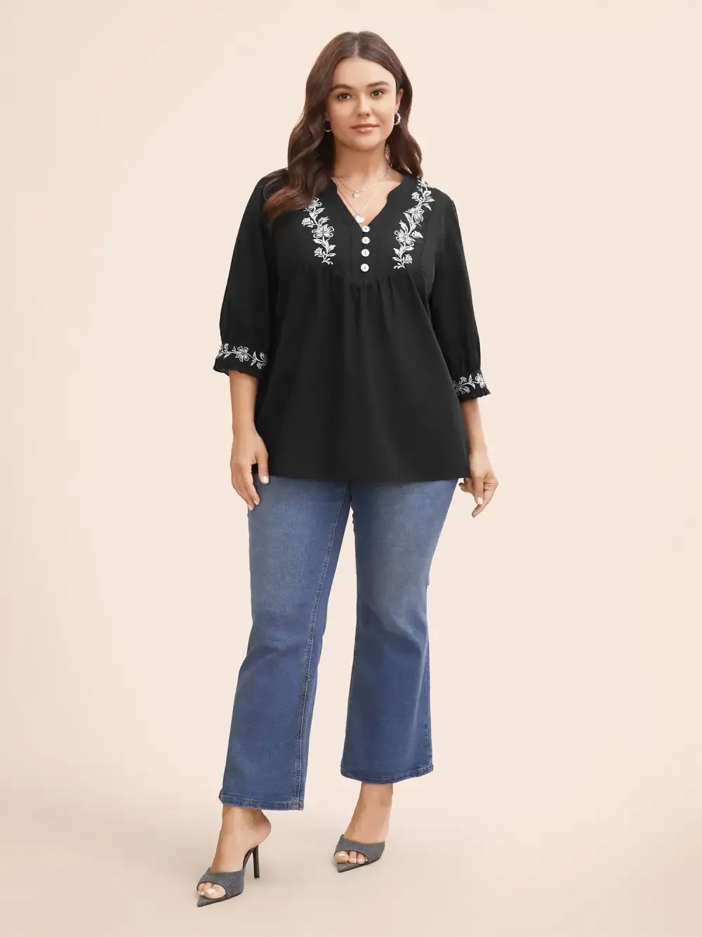 Cotton Floral Embroidered Notched Collar Frill Trim Blouse