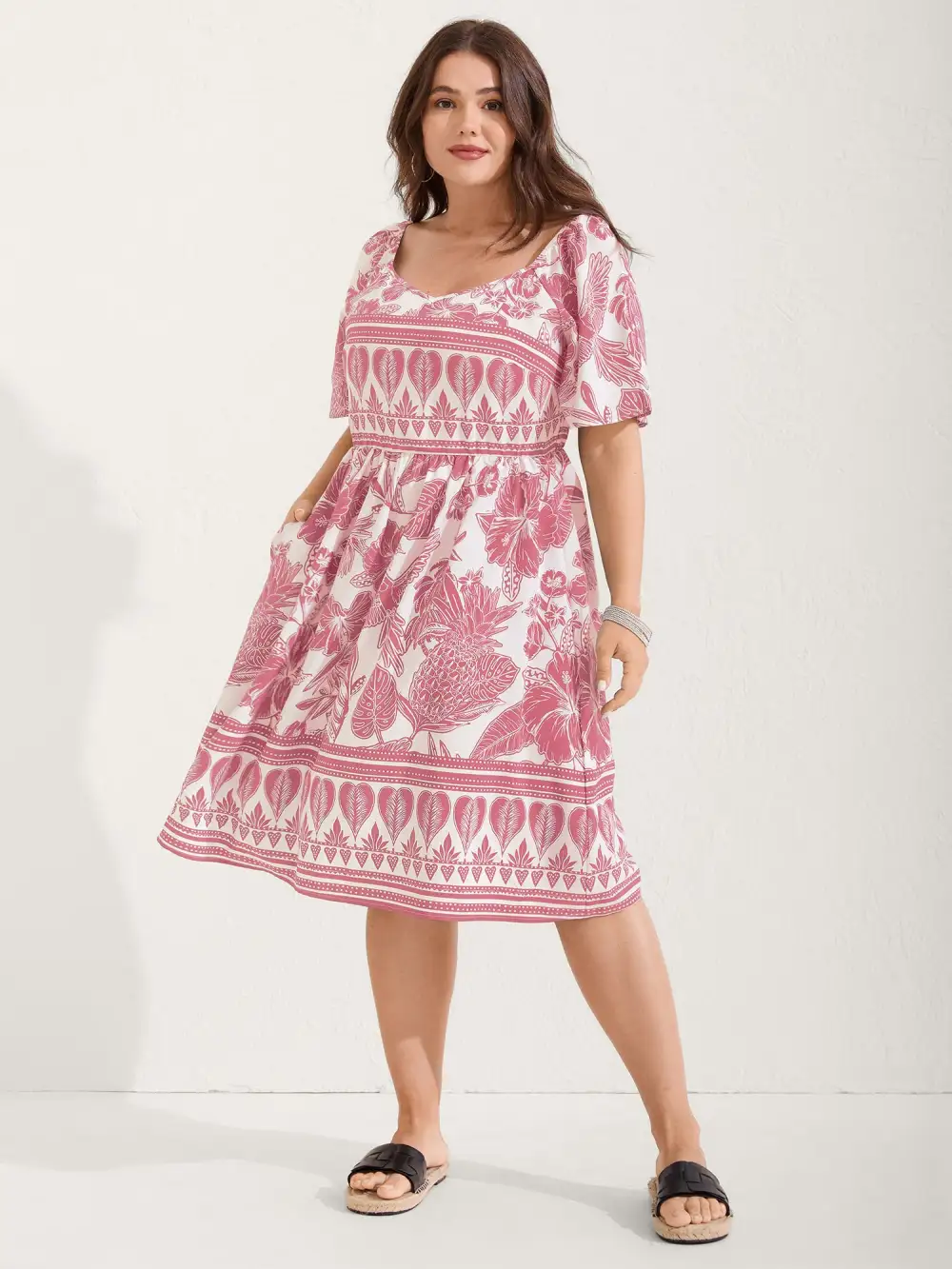 Boho Print Fit Flare Pockets Midi Dress