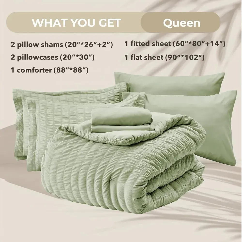 Queen Comforter Set Seersucker 7 Pieces, All Season Luxury Bed in a Bag for Bedroom, Bedding Set with Comforters, Sheets, Pillowcases & Shams, Dark Grey