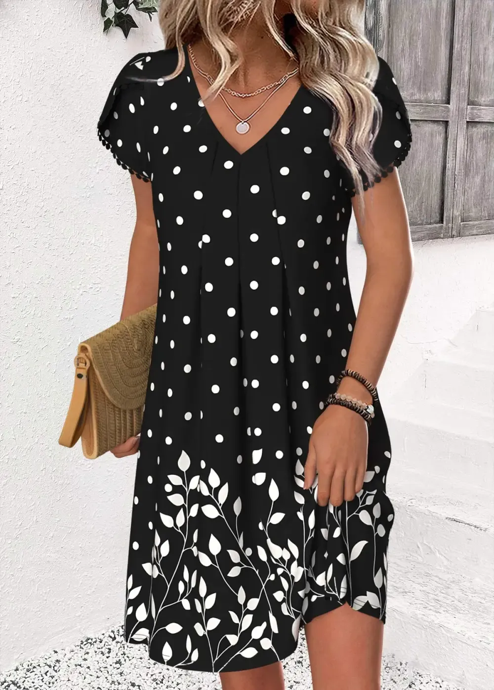 Black Polka Dot Short V Neck Dress