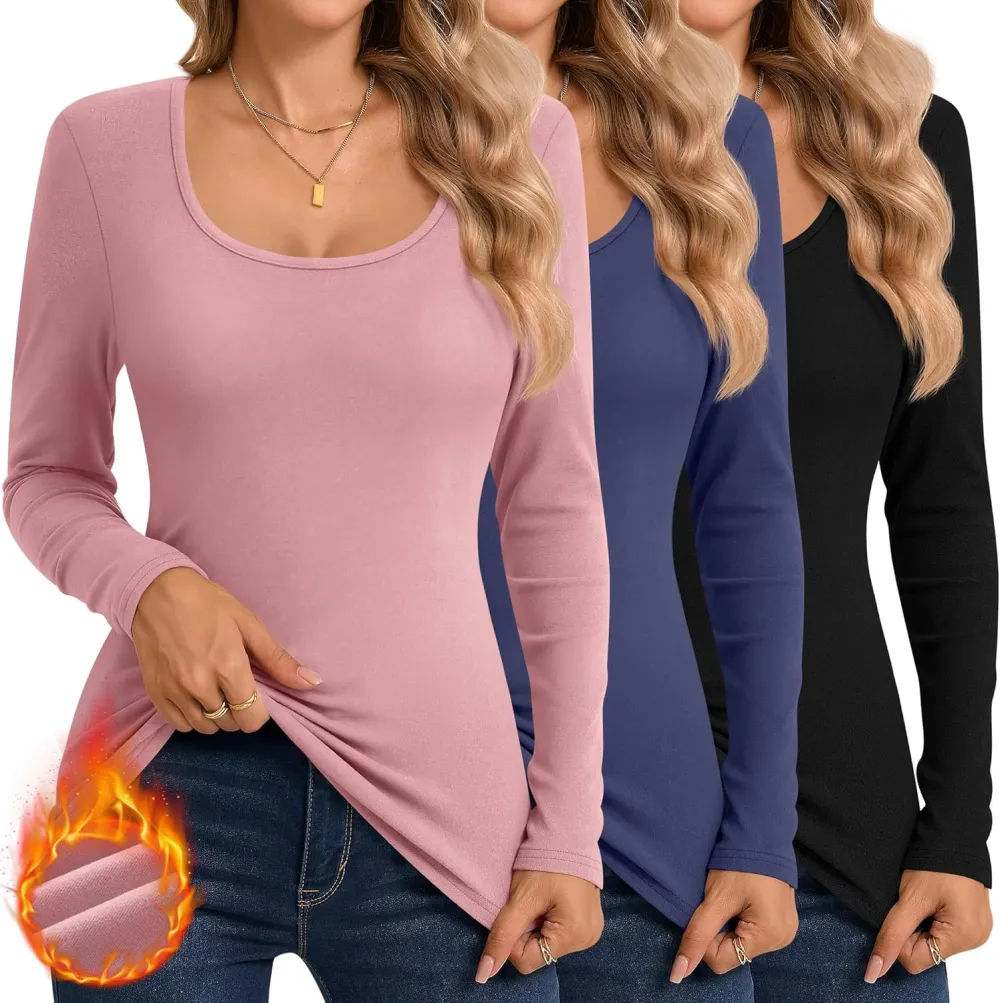 3 Pack Women's Thermal Long Sleeve Shirts Fleece Lined Scoop Neck Stretch Fitted Tops Winter Base Layer Underwear