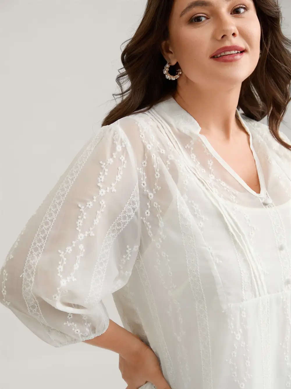 Texture Mesh Button Detail Tucked Seam Blouse