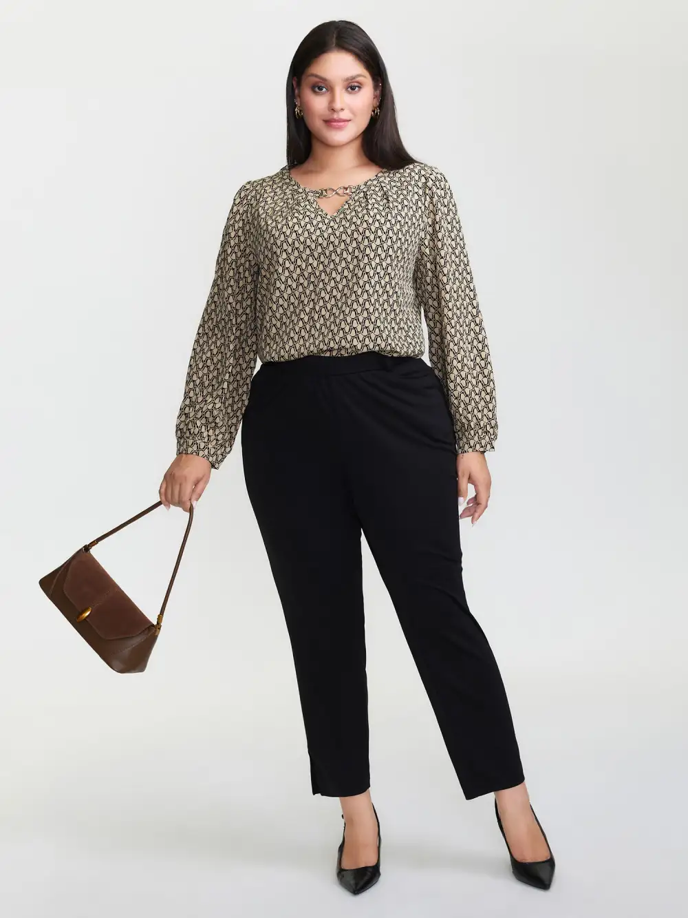 Retro Geometric Print Metallic Detail Blouse