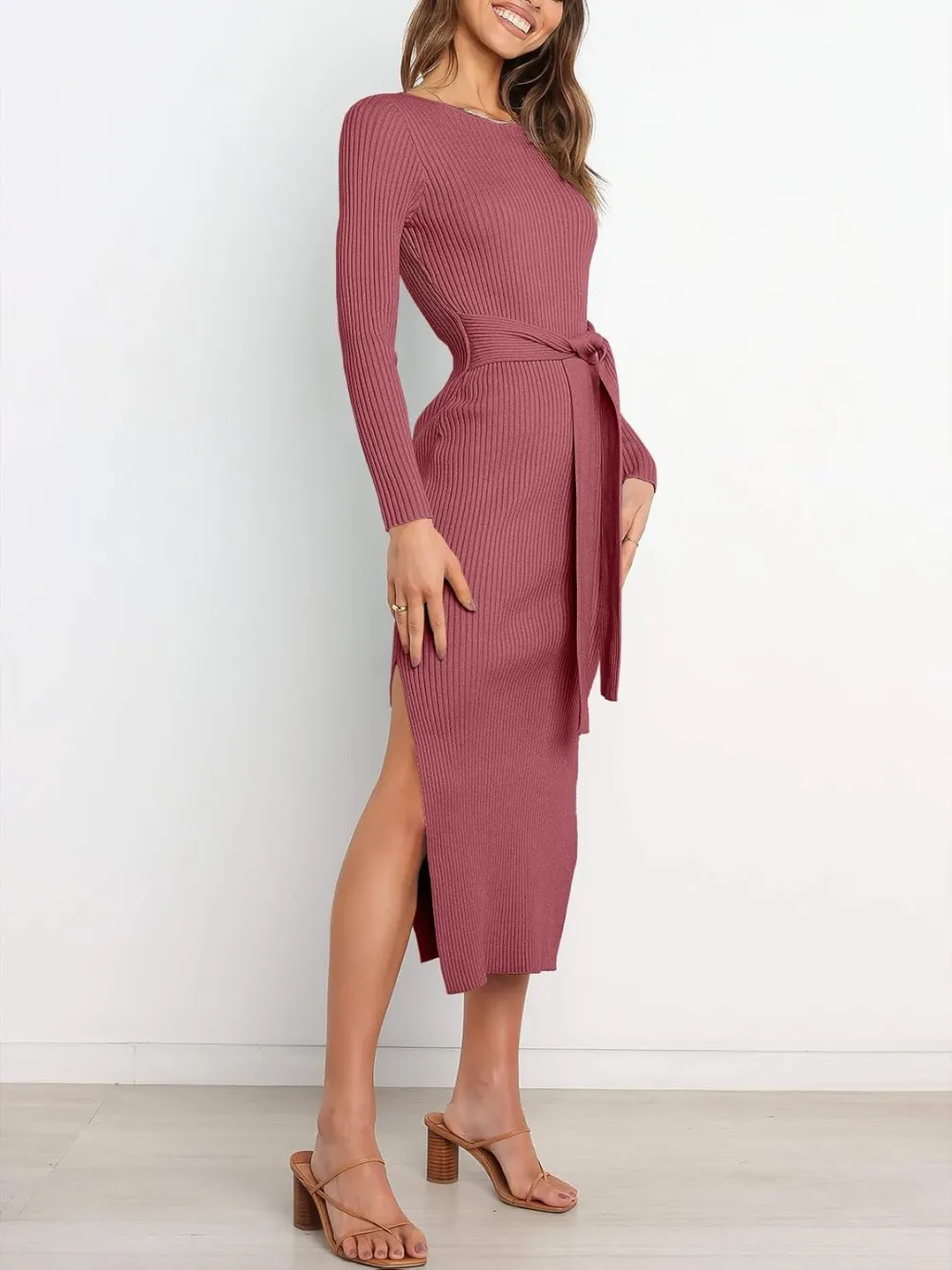 Long Sleeve Sweater Dress Crew Neck Slim Fit Slit Tie Waist 2024 Ribbed Knit Bodycon Midi Dress Fall Outfits