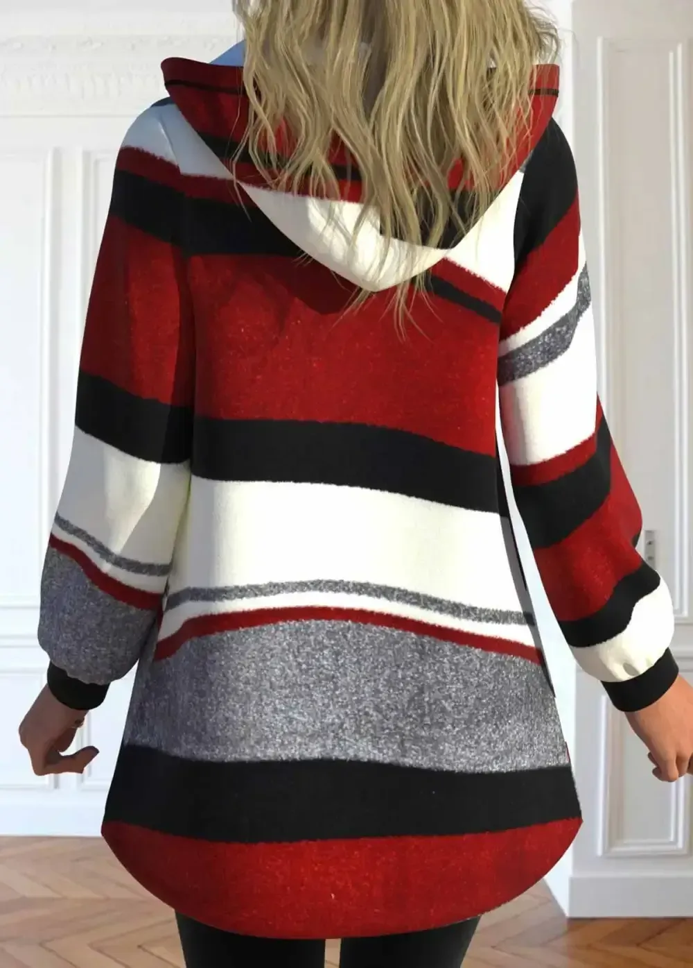 Wine Red Pocket Geometric Print Long Sleeve Hooded Coat