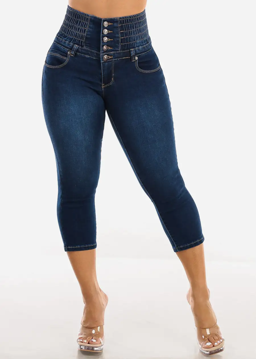 MX JEANS Super High Rise Spandex Waist Dark Denim Stretch Capris