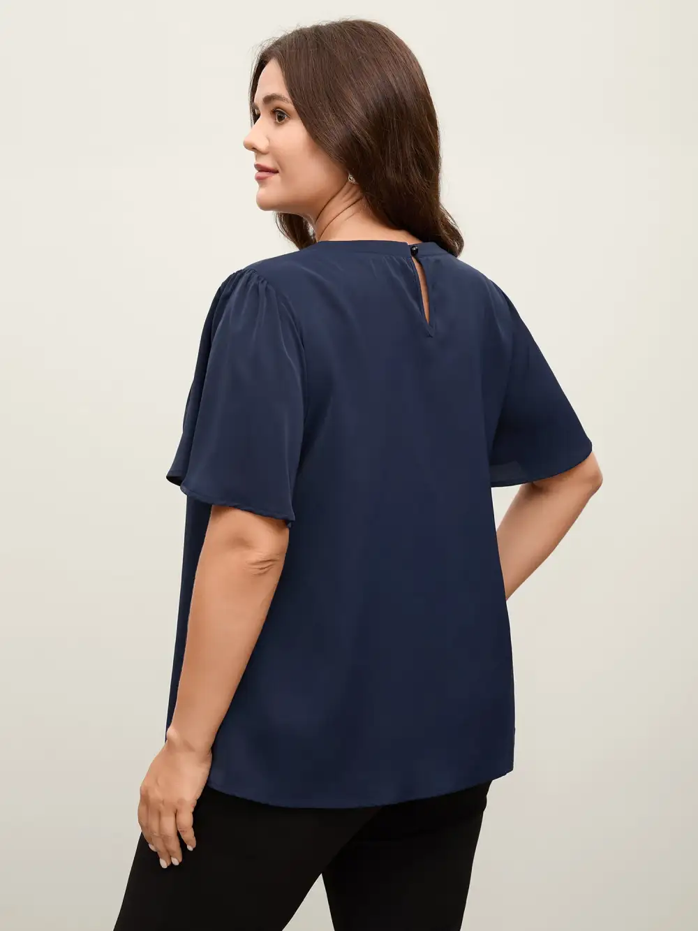 Metal Clasp Neckline Lotus Leaf Sleeve Blouse