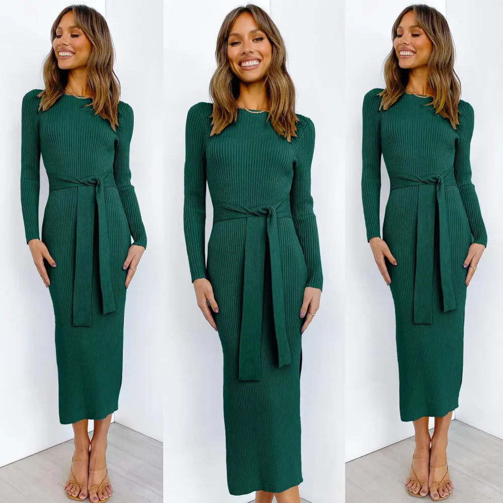 Long Sleeve Sweater Dress Crew Neck Slim Fit Slit Tie Waist 2024 Ribbed Knit Bodycon Midi Dress Fall Outfits