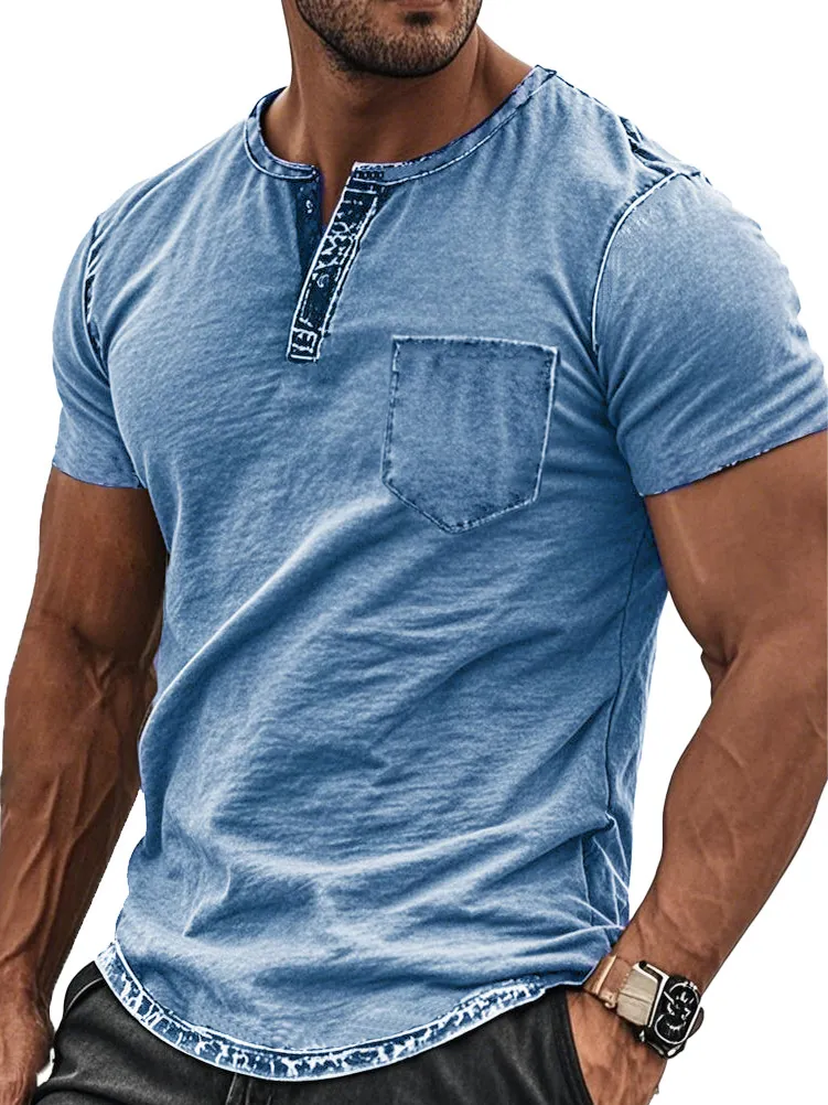 Men's Fashion Retro Distressed Pocket Short-sleeved Henley Shirt