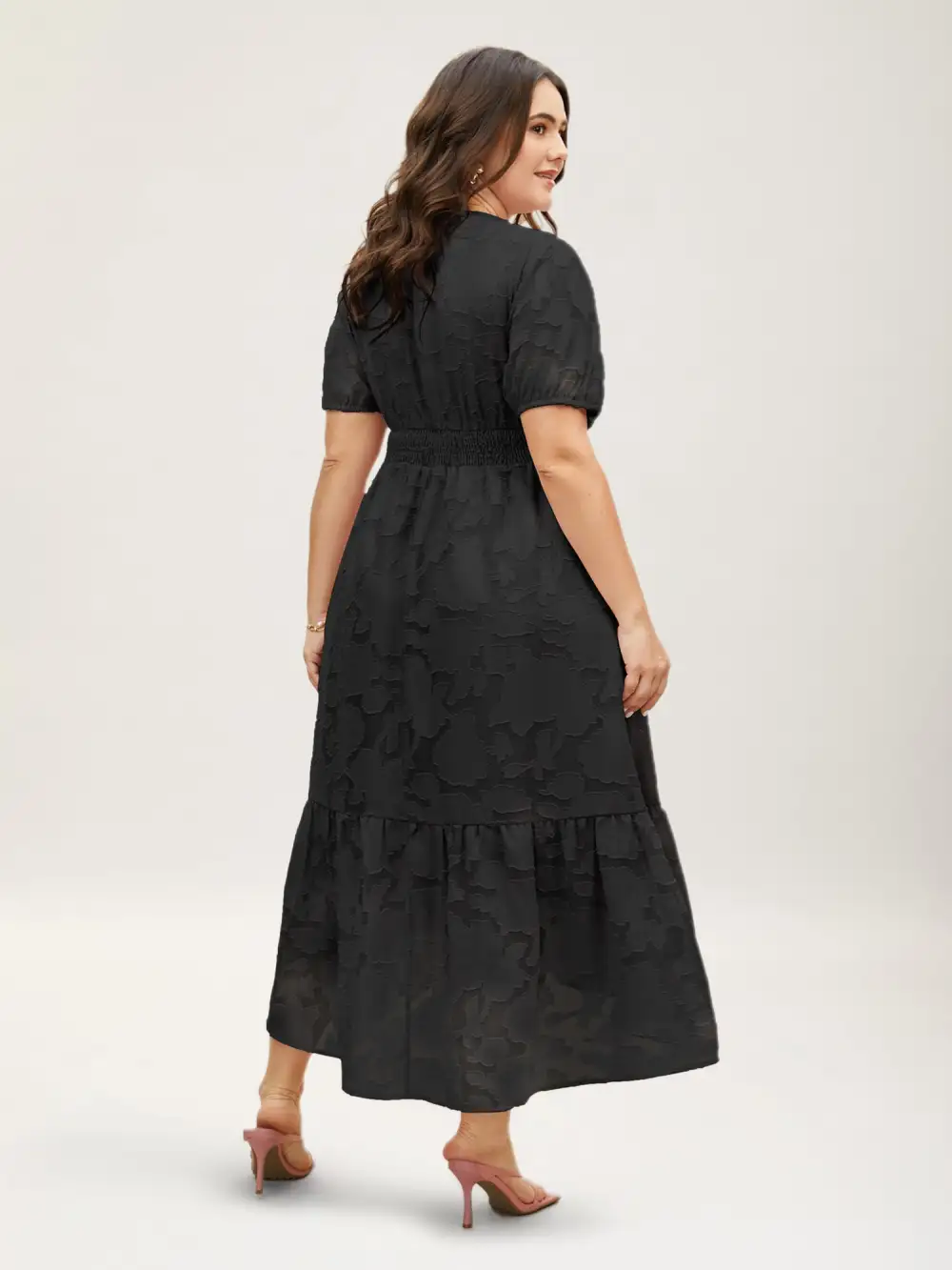 Solid Textured Lantern Sleeve Button Detail Dress