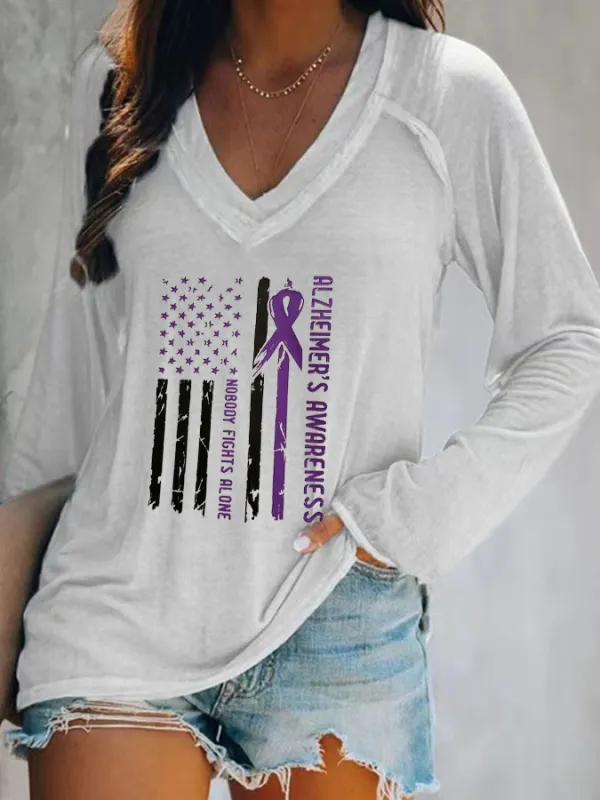 Women'S Alzheimer'S Awareness Nobody Fights Alone V-Neck T-Shirt
