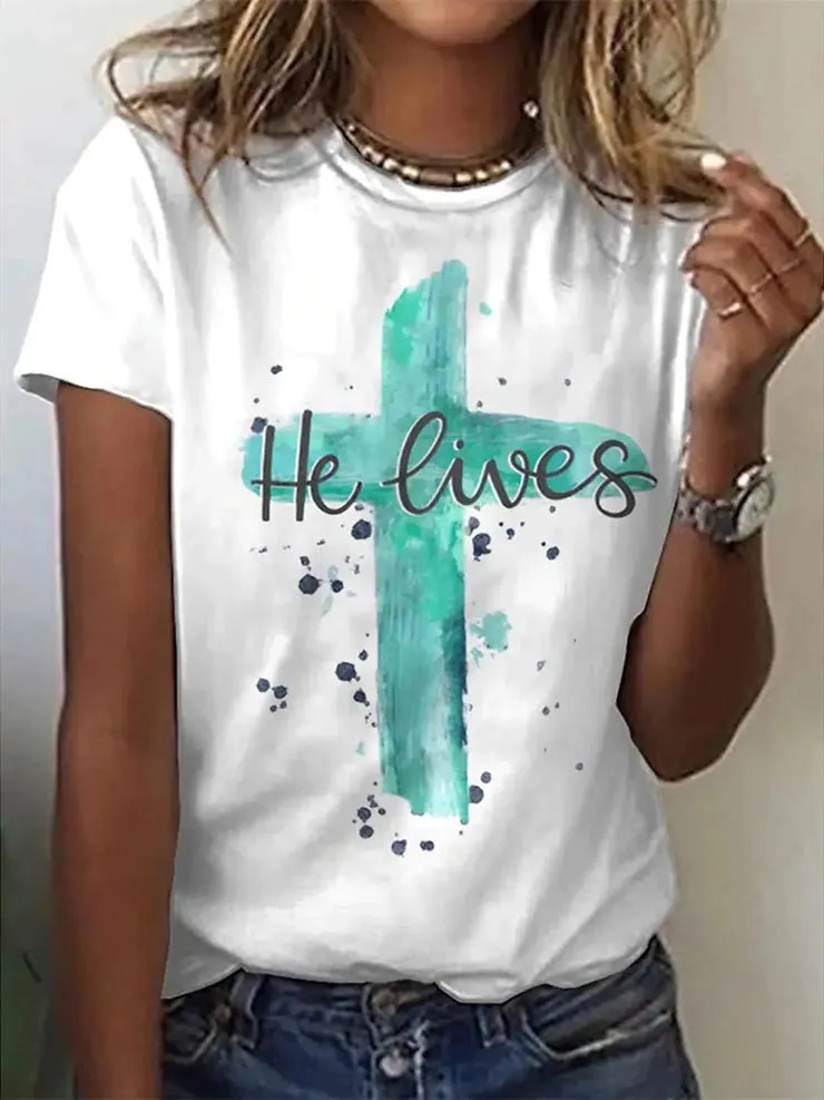 Women's T-Shirts Cross Print Crew Neck Short Sleeve T-Shirt（⚡Clearance Sale）