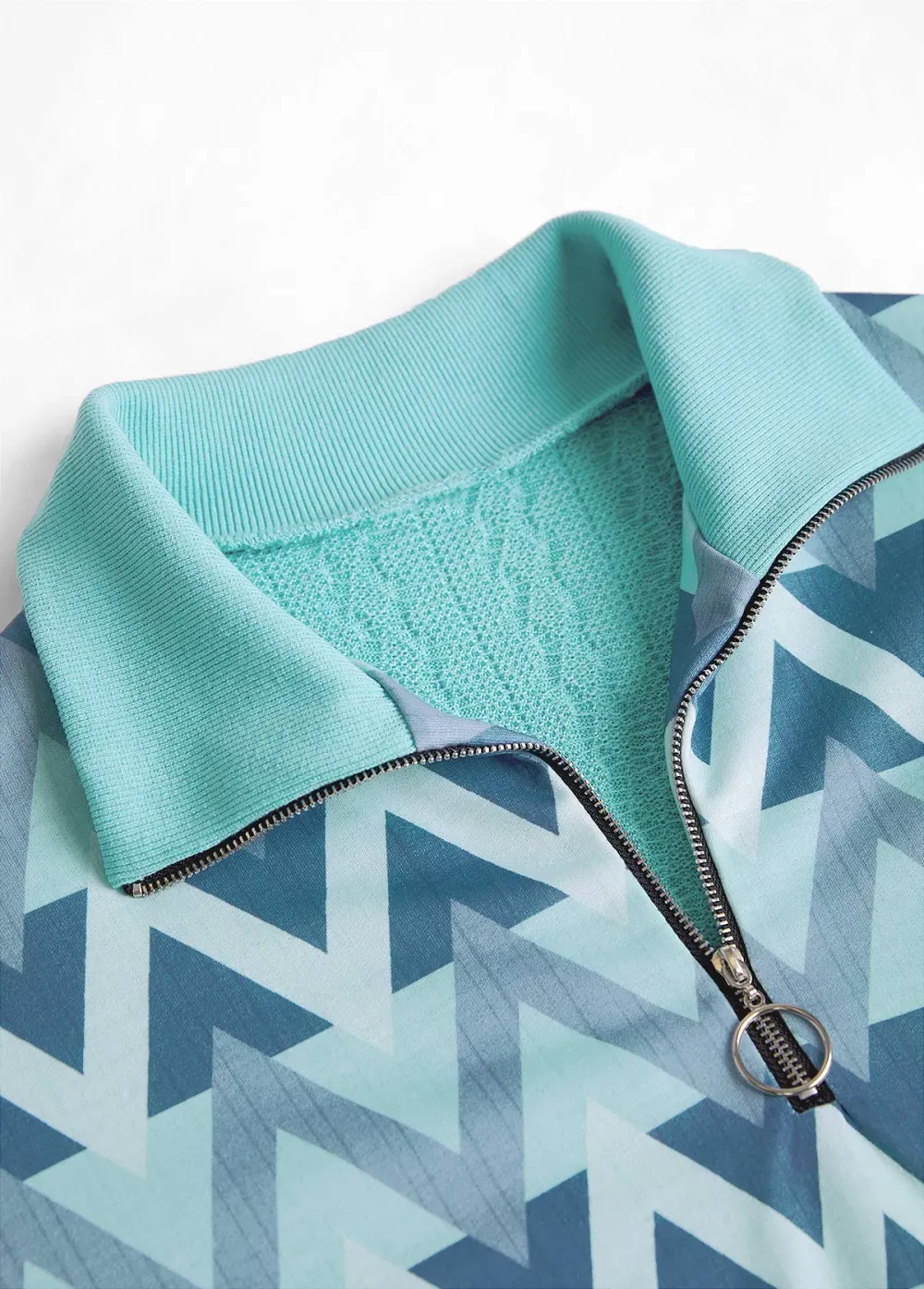 Mint Green Zipper Geometric Print Long Sleeve Sweatshirt