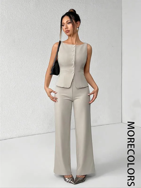Women's Summer Two-Piece Set – Button Tank Top & Wide Leg Pants