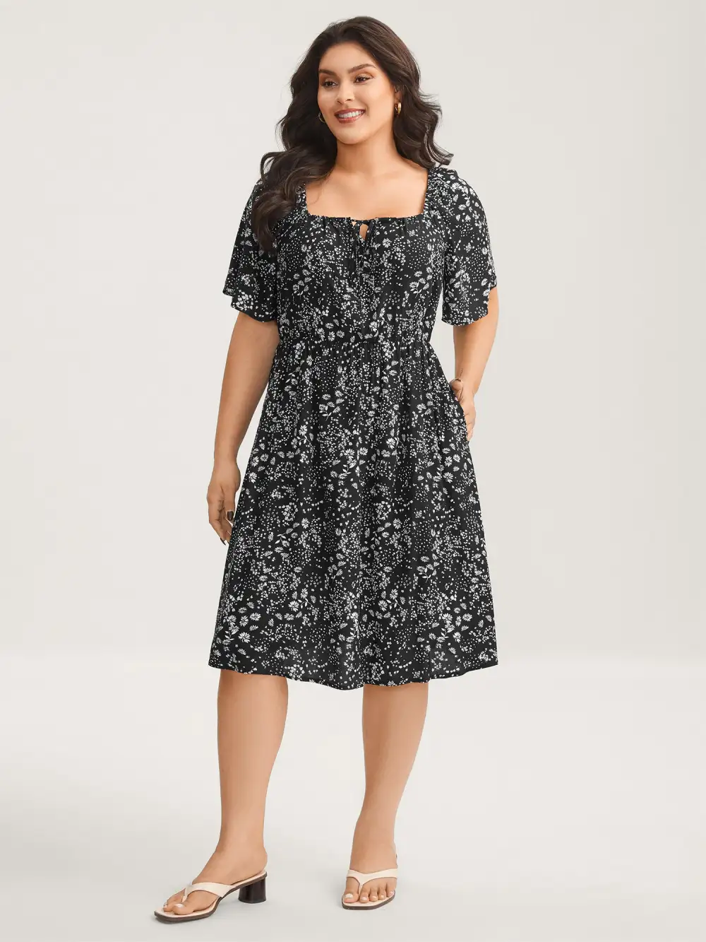 Floral Neck Drawstring Flared Sleeve Midi Dress