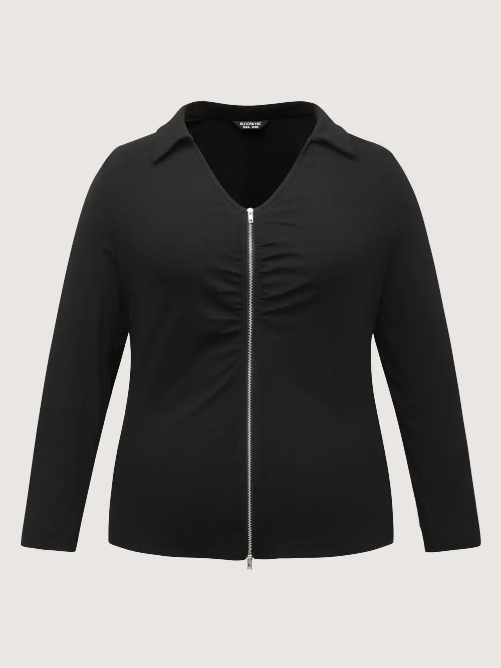 Ribbed Ruched Two-Way Zipper Knit Top