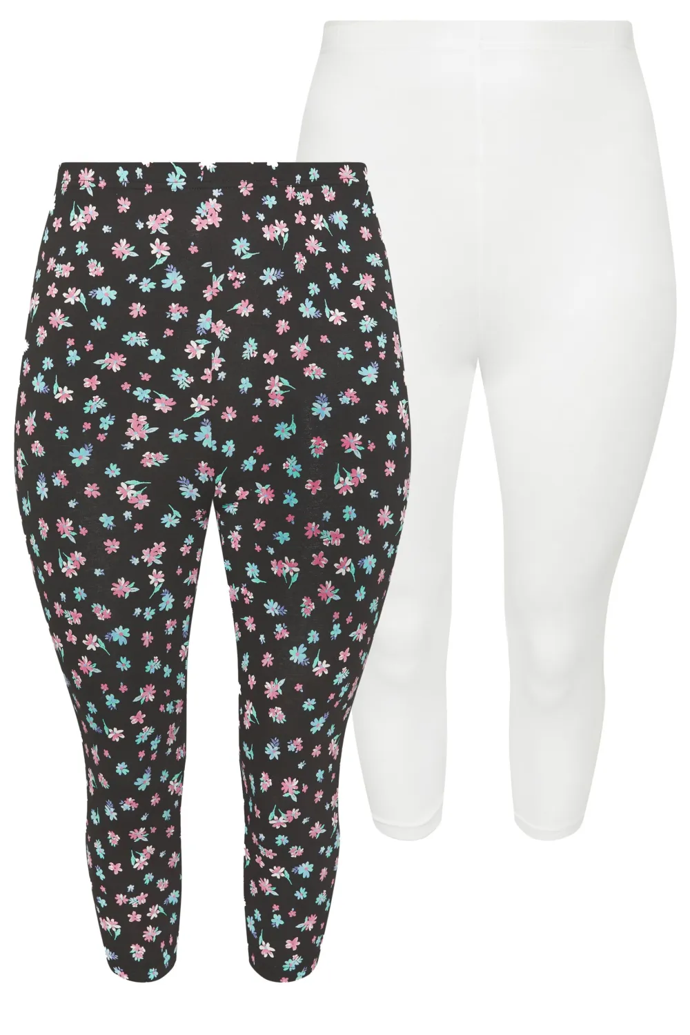 YOURS Curve 2 PACK Black & Blue Floral Print Cropped Leggings