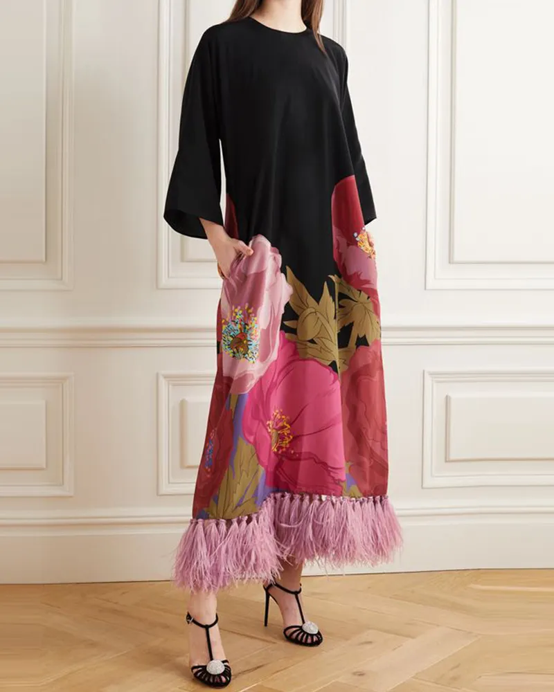 Feather tassel maxi dress print