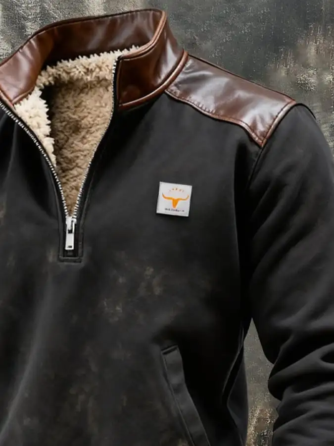 Men's Vintage Suede Leather Stitching Plush Warm Zip-Up Sweatshirt