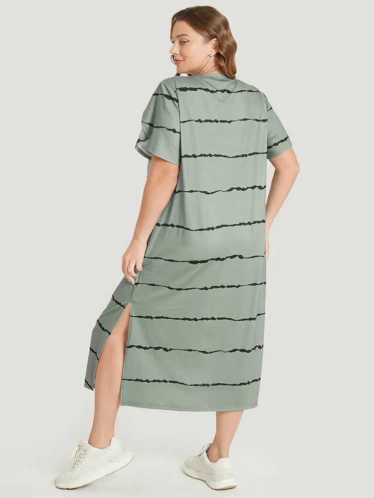 Striped Print Petal Sleeve Pocket Split Hem Dress