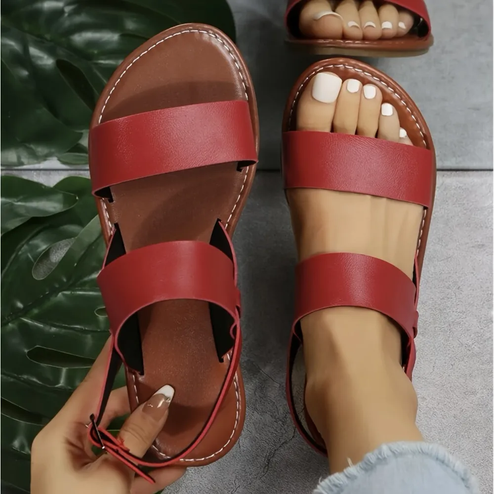 Women's Flat Ankle Strap Sandals, Solid Color Open Toe Non-slip Shoes, Casual Lightweight Beach Shoes