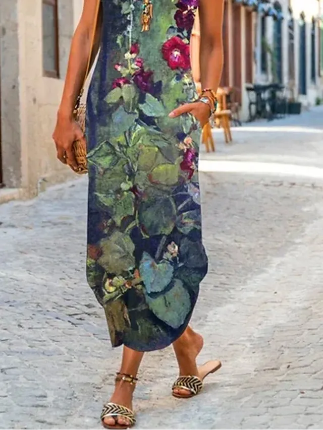 Women‘s Shift Dress Maxi long Dress Green Blue Gray Dark Blue Short Sleeve Floral Pocket Print Spring Summer Crew Neck Casual 2023 S M L XL XXL XXXL