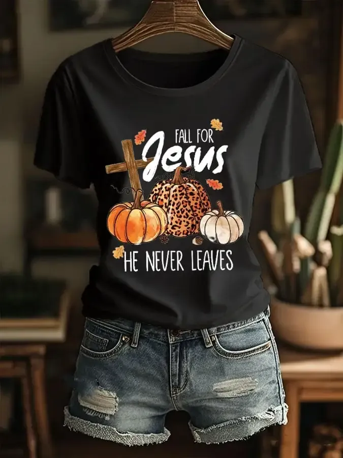 Women's Pumpkin Fall For Jesus, He Never Leaves Casual T-shirt