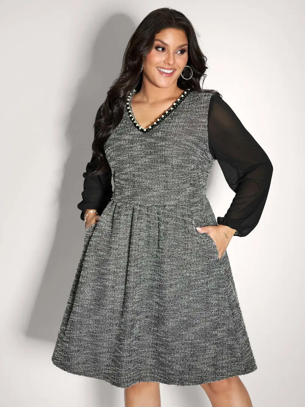 Tweed Pearl Collar Semi-Sheer Midi Dress