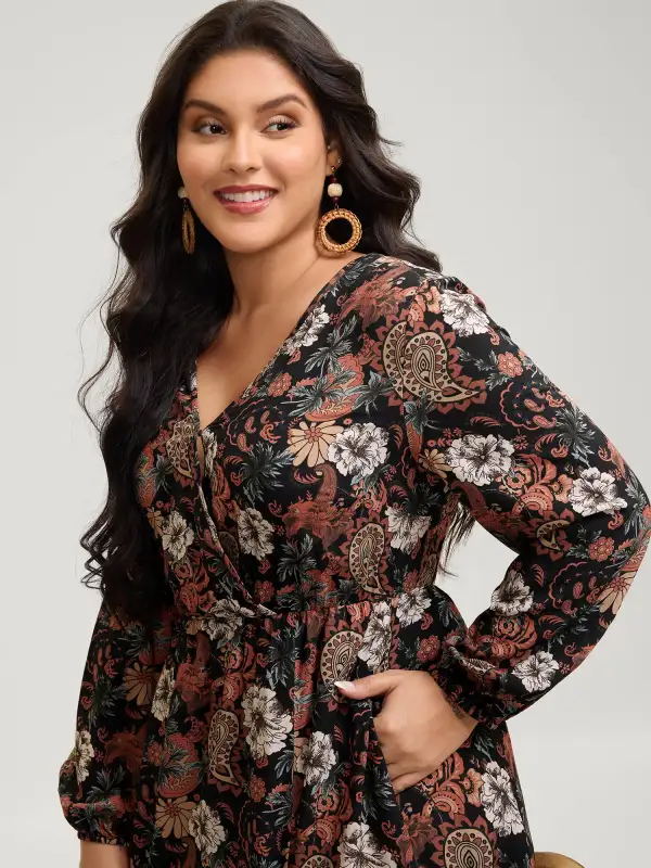 Fall Floral Print Surplice Neck Midi Dress