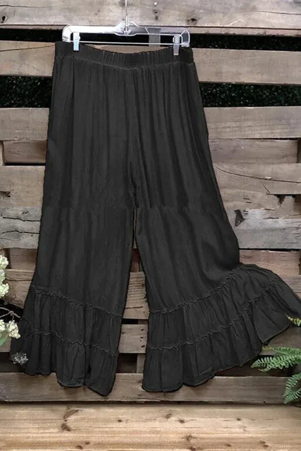 Casual Solid Loose Ruffle Bohemian Pant