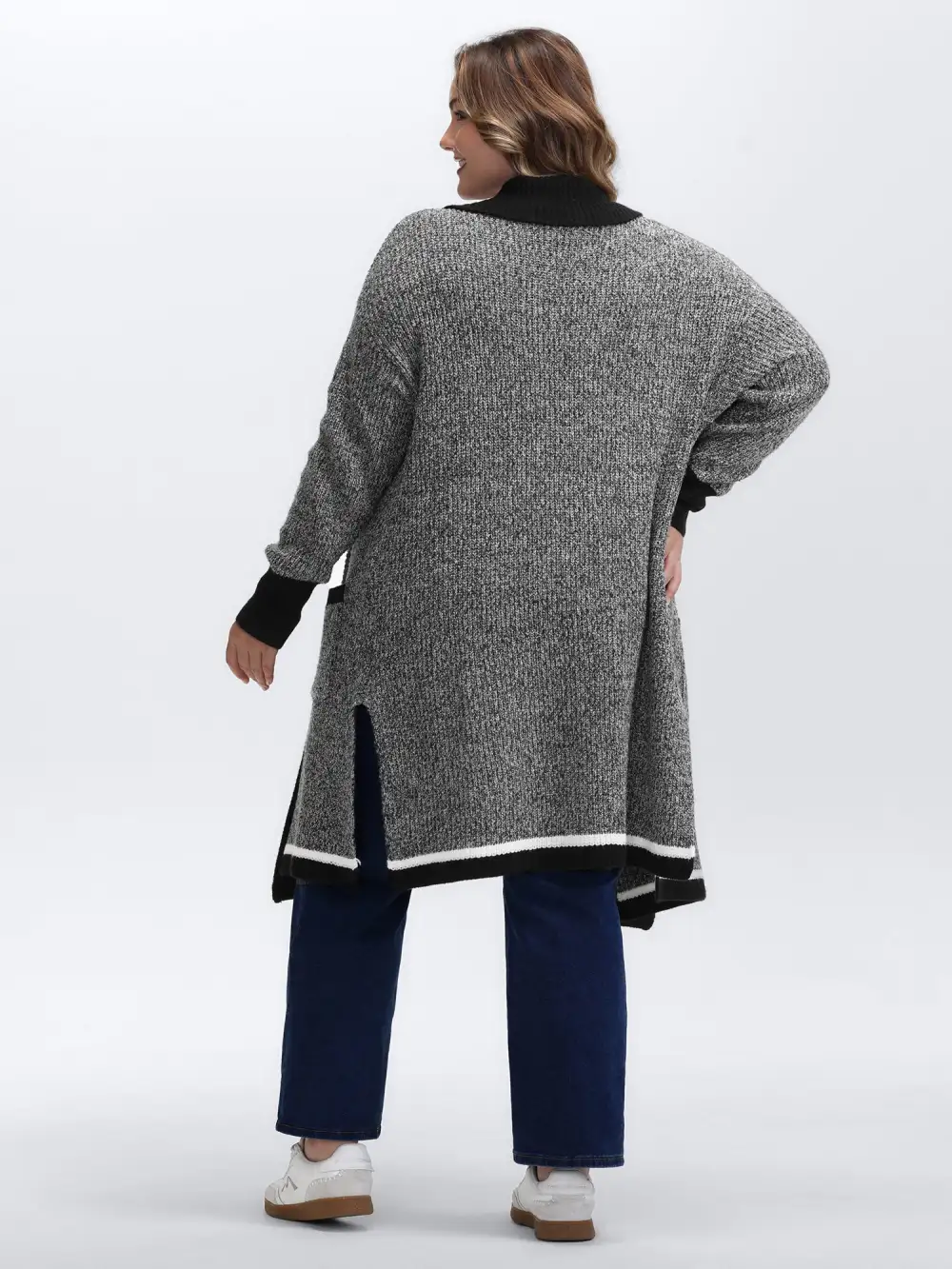 Color Contrast Trim Textured Pocket Knit Cardigan