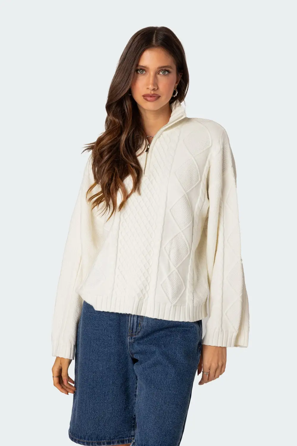 Oversized Quarter Zip Cable Knit Sweater