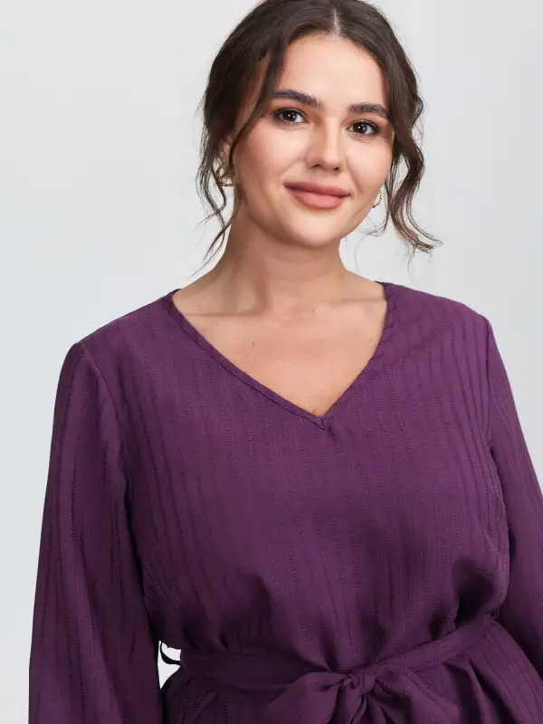 Textured Waist-Tie V-Neck Blouse