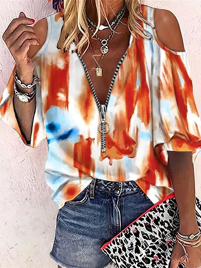 Women's Shirt Blouse Tie Dye Dandelion Print Quarter Zip Casual Basic Half Sleeve Half Zip V Neck Black