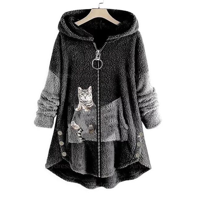 Women's Hoodie Sweatshirt Pullover Fleece Pullover Sherpa Fleece Teddy Zip Up Front Pocket Pink Green Dark Grey Cat Street Casual Hoodie Plus Size Long Sleeve Top Fleece lined Micro-elastic Fall