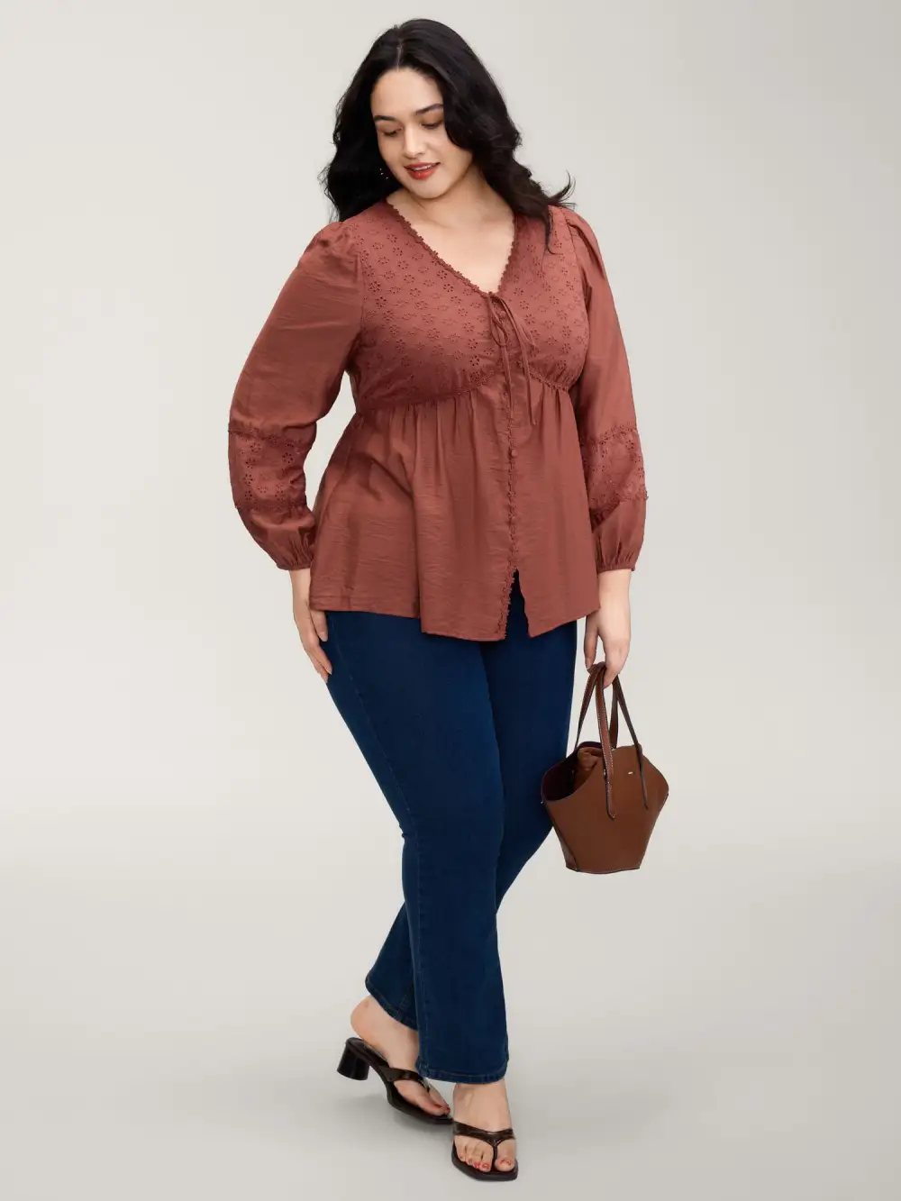 Lace Trim High-Waist Neck Tie Blouse