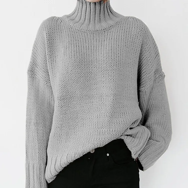Turtleneck Long-Sleeved Solid Color Knitted Pullover Sweater