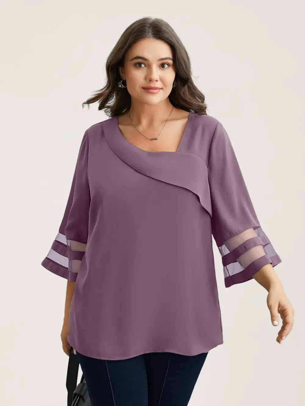 Sheer Sleeve Patchwork Asymmetrical Neckline Blouse
