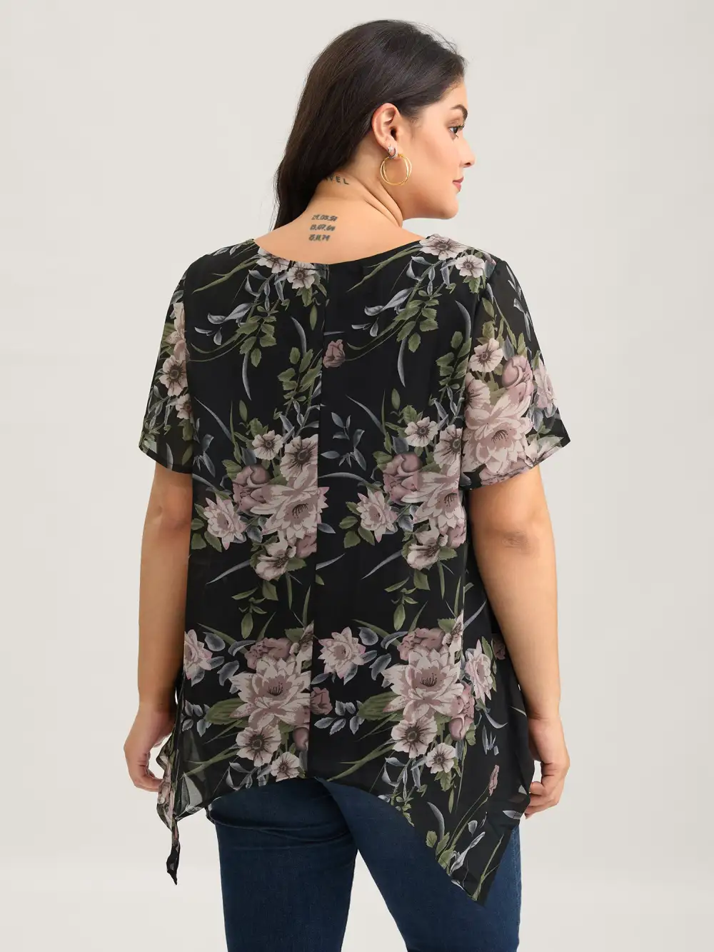 Chiffon Floral Crisscross Hanky Hem Blouse