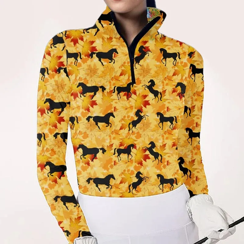 Four Seasons Women's Equestrian Style Horse Print Long Sleeve Casual Shirt