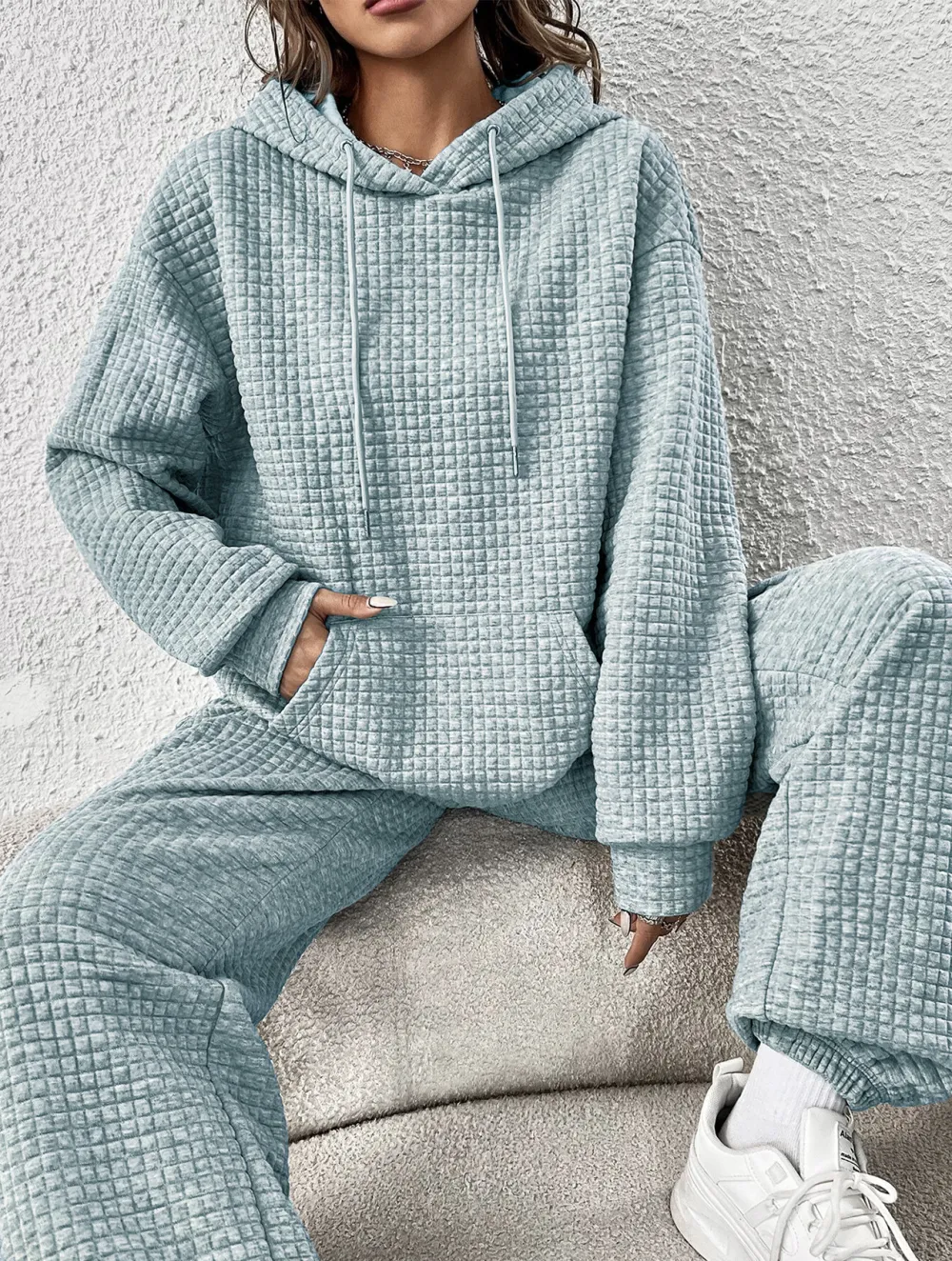 Kangaroo Pocket Drop Shoulder Drawstring Hoodie & Sweatpants